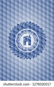 house icon inside blue emblem or badge with geometric pattern background.