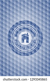 house icon inside blue emblem or badge with geometric pattern background.