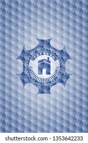 house icon inside blue emblem or badge with abstract geometric polygonal pattern background.
