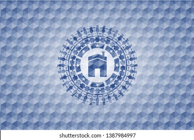 house icon inside blue emblem or badge with abstract geometric pattern background.