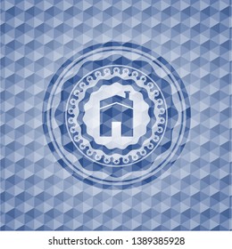 house icon inside blue emblem with geometric pattern.