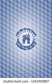 house icon inside blue hexagon emblem.