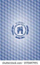 house icon inside blue hexagon badge. 