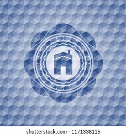 house icon inside blue polygonal emblem.