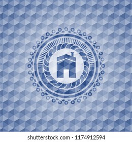 house icon inside blue polygonal emblem.