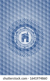 house icon inside blue polygonal badge.