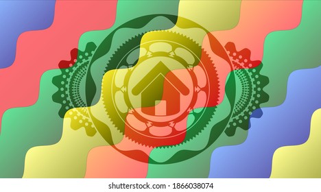 house icon inside Colorful realistic badge. Curvy exquisite background. Artistic illustration. 