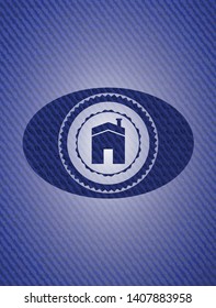 house icon inside emblem with denim texture