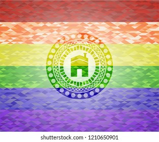 house icon inside emblem on mosaic background with the colors of the LGBT flag