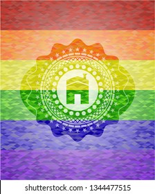 house icon inside emblem on mosaic background with the colors of the LGBT flag