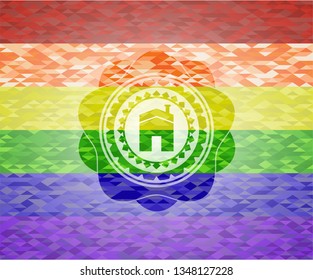 house icon inside emblem on mosaic background with the colors of the LGBT flag