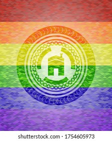 house icon inside emblem on mosaic background with the colors of the LGBT flag. 