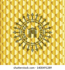house icon inside gold emblem. Scales pattern. Vector Illustration. Detailed.
