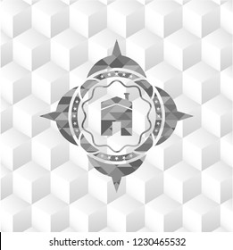 house icon inside grey emblem with geometric cube white background