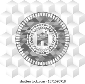 house icon inside grey emblem. Vintage with geometric cube white background
