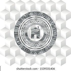 house icon inside grey emblem with geometric cube white background