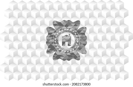 house icon inside grey emblem. Vintage with geometric cube white background. 