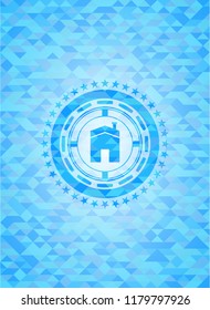 house icon inside light blue mosaic emblem