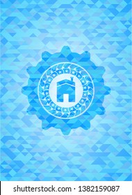 house icon inside light blue emblem. Mosaic background