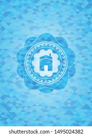 house icon inside light blue mosaic emblem
