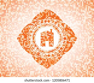 house icon inside orange mosaic emblem with background