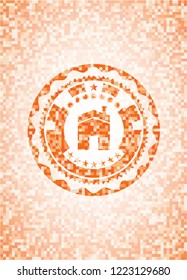house icon inside orange mosaic emblem with background