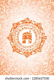 house icon inside orange mosaic emblem with background