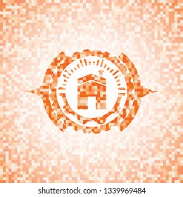 house icon inside orange mosaic emblem with background