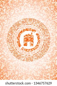 house icon inside orange mosaic emblem with background