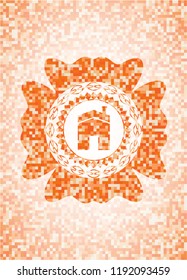 house icon inside orange tile background illustration. Square geometric mosaic seamless pattern with emblem inside.