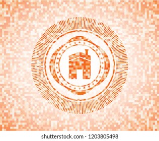 house icon inside orange tile background illustration. Square geometric mosaic seamless pattern with emblem inside.