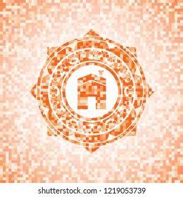 house icon inside orange tile background illustration. Square geometric mosaic seamless pattern with emblem inside.