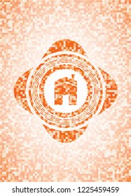 house icon inside orange tile background illustration. Square geometric mosaic seamless pattern with emblem inside.