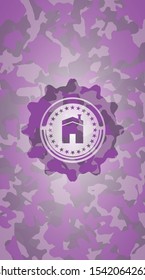 house icon inside pink camouflage emblem