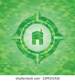 house icon inside realistic green mosaic emblem