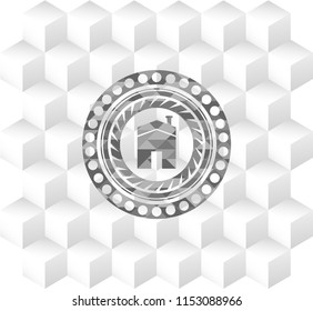 house icon inside realistic grey emblem with cube white background