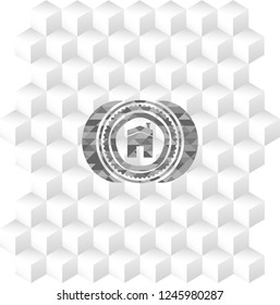 house icon inside realistic grey emblem with cube white background