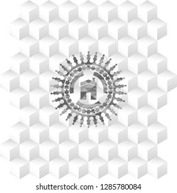 house icon inside realistic grey emblem with geometric cube white background