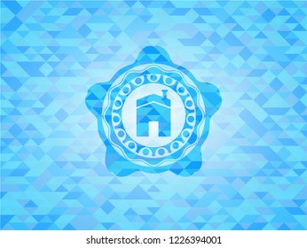 house icon inside realistic light blue emblem. Mosaic background