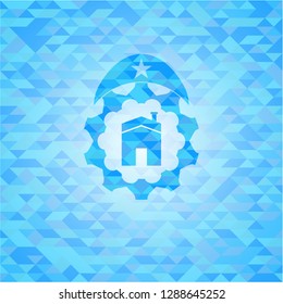 house icon inside realistic light blue emblem. Mosaic background