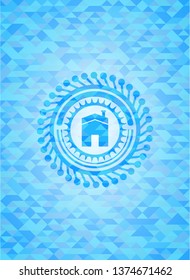 house icon inside realistic light blue mosaic emblem