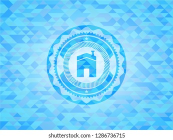 house icon inside realistic sky blue mosaic emblem