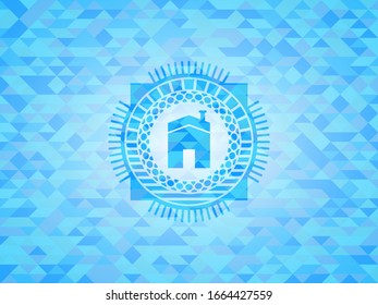 house icon inside realistic sky blue mosaic emblem