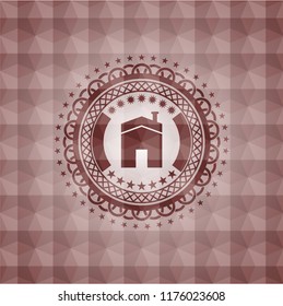 house icon inside red badge with geometric pattern background. Seamless.
