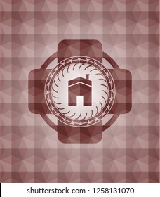 house icon inside red badge with geometric pattern. Seamless.