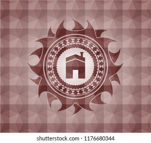 house icon inside red emblem or badge with abstract geometric polygonal pattern background. Seamless.