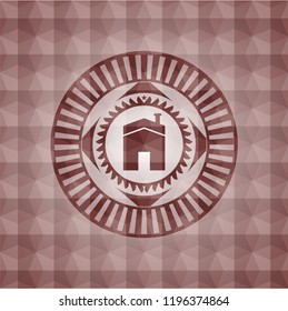 house icon inside red emblem with geometric pattern background. Seamless.