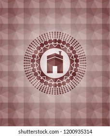 house icon inside red emblem with geometric background. Seamless.