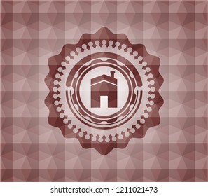 house icon inside red emblem or badge with geometric pattern background. Seamless.