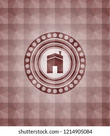house icon inside red emblem with geometric pattern background. Seamless.